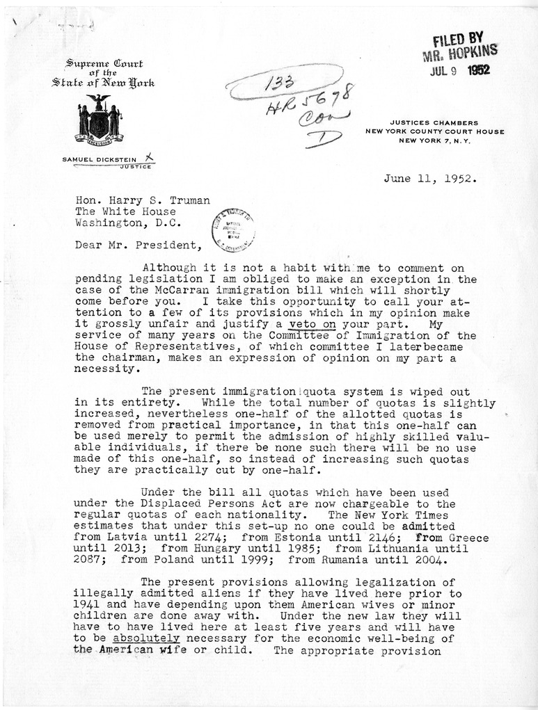Letter from Samuel Dickstein to President Harry S. Truman