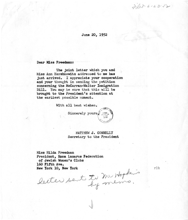 Correspondence Between Hilda Freeman and Matthew J. Connelly with Attachments