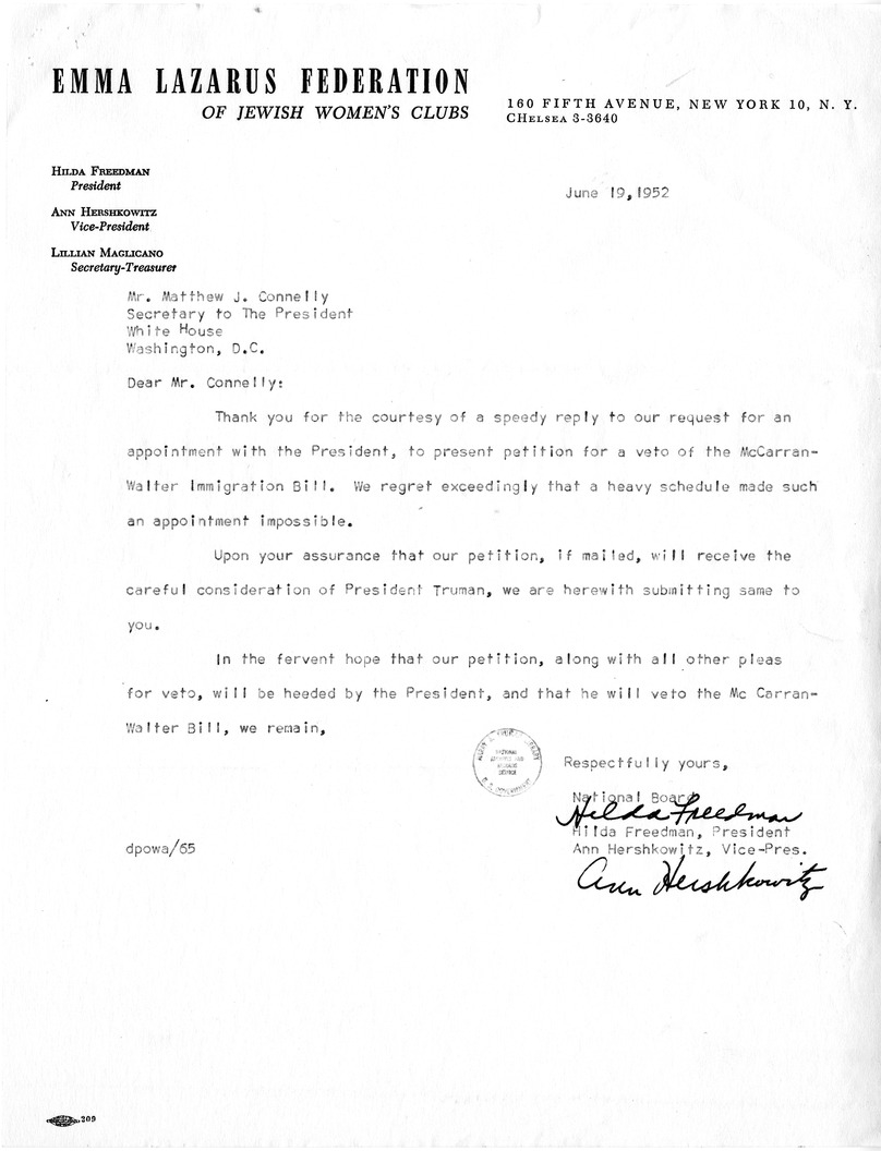 Correspondence Between Hilda Freeman and Matthew J. Connelly with Attachments