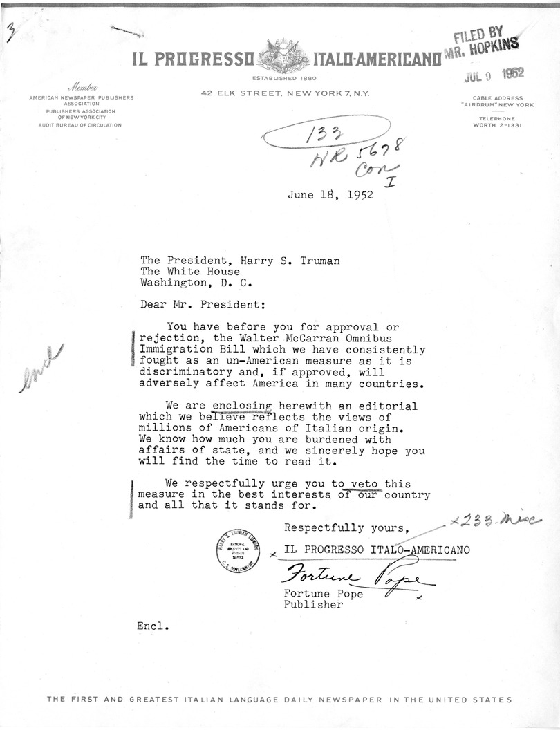 Letter from Fortune Pope to President Harry S. Truman with Attachment