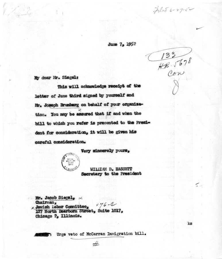 Letter from Jacob Siegel to President Harry S. Truman with a Reply from William Hassett