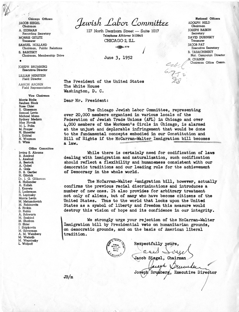 Letter from Jacob Siegel to President Harry S. Truman with a Reply from William Hassett