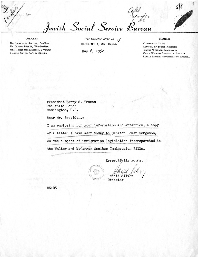 Letter from Harold Silver to President Harry S. Truman with Attachment, with a Reply from William Hassett