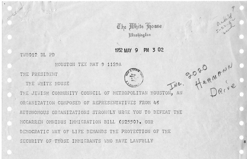 Telegram from Daniel Schlanger et al. to President Harry S. Truman with a Reply from William Hassett