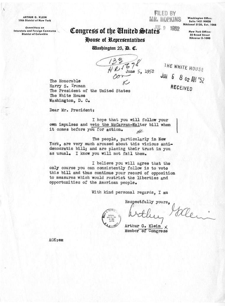 Letter from Representative Arthur G. Klein to President Harry S. Truman