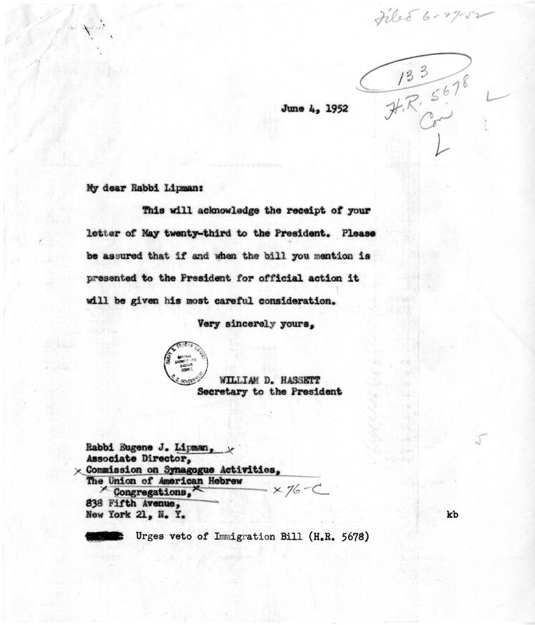 Letter from Eugene J. Lipman to President Harry S. Truman with a Reply from William Hassett