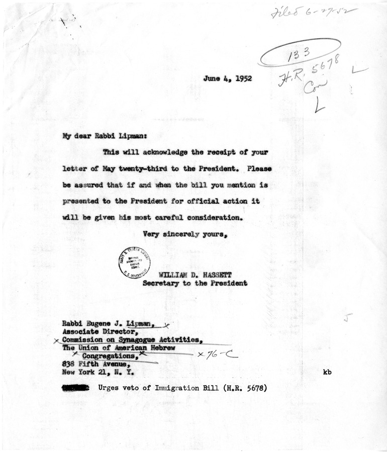 Letter from Eugene J. Lipman to President Harry S. Truman with a Reply from William Hassett