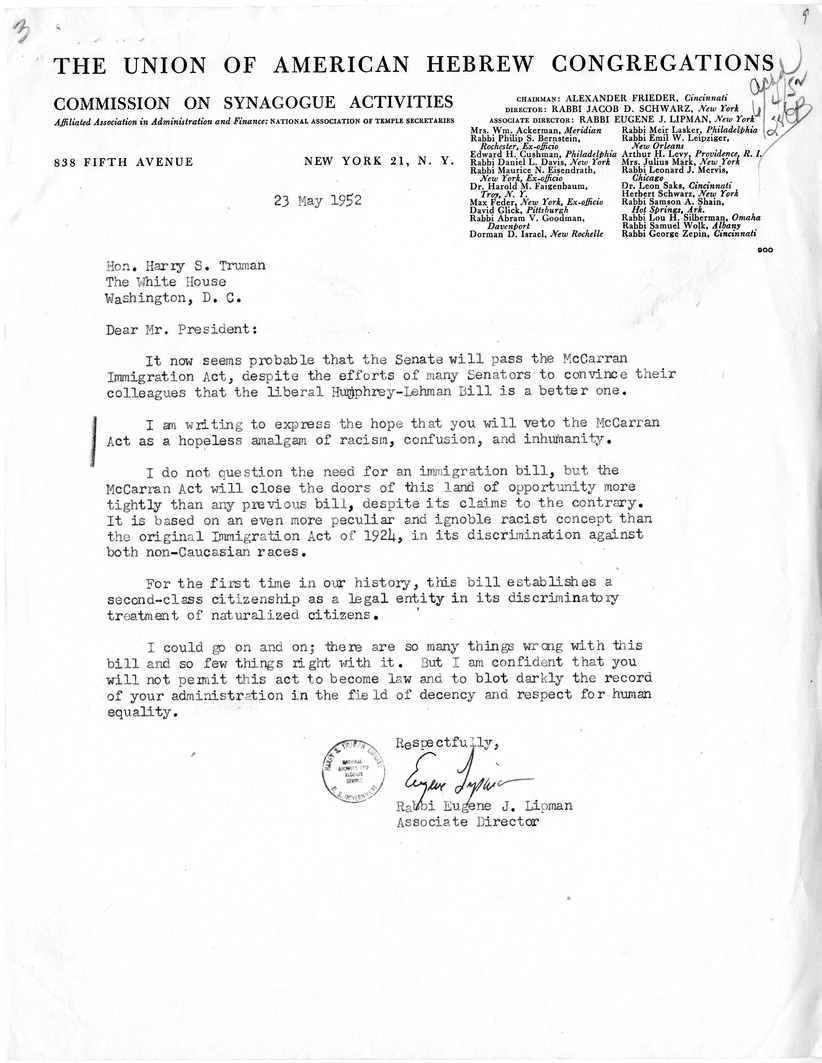 Letter from Eugene J. Lipman to President Harry S. Truman with a Reply from William Hassett