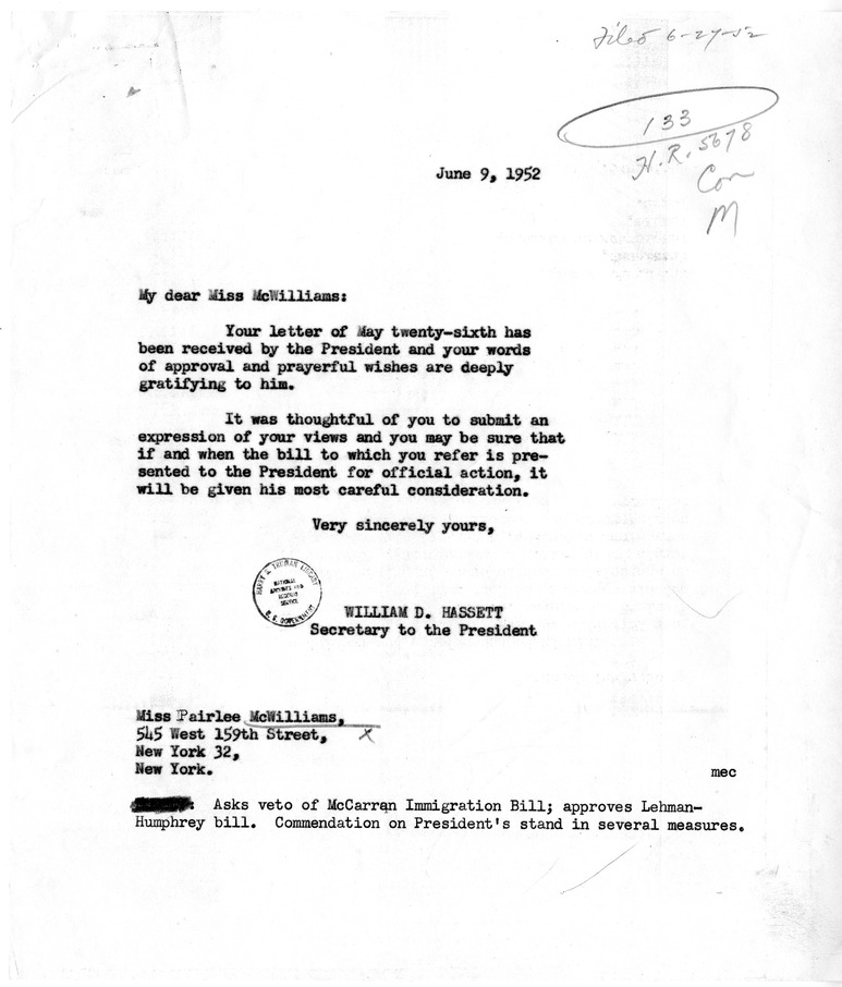 Letter from Pairlee McWilliams to President Harry S. Truman with a Reply from William Hassett