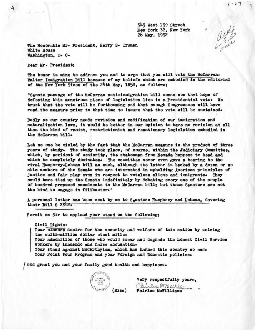 Letter from Pairlee McWilliams to President Harry S. Truman with a Reply from William Hassett