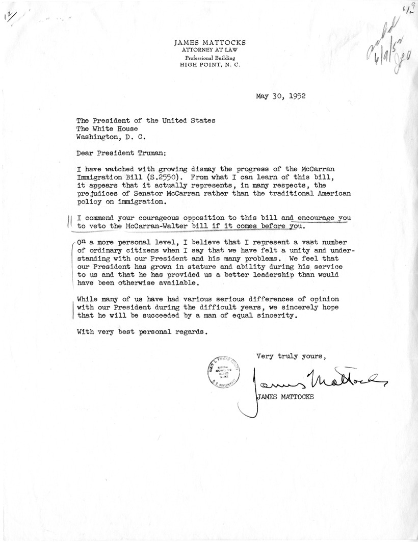Letter from James Mattocks to President Harry S. Truman with a Reply from William Hassett
