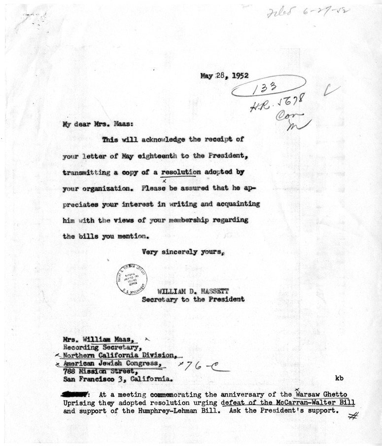 Letter from Mrs. William Maas to President Harry S. Truman with Attachmen,t with a Reply from William Hassett