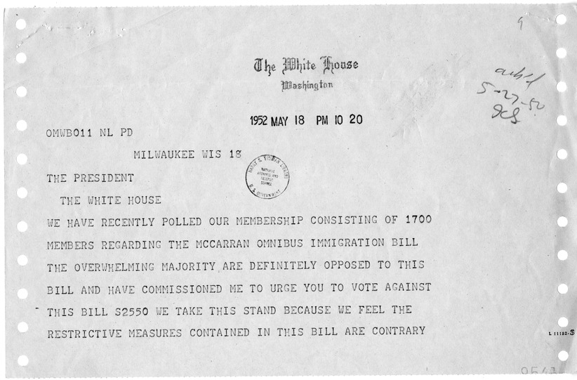 Telegram from Mrs. Fred Berman to President Harry S. Truman with a Reply from William Hassett