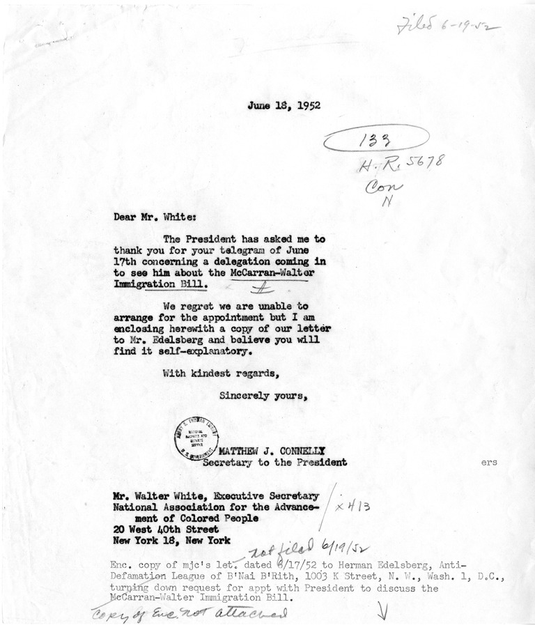 Telegram from Walter White to President Harry S. Truman with a Reply from Matthew J. Connelly