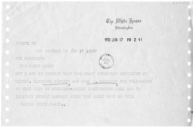 Telegram from Walter White to President Harry S. Truman with a Reply from Matthew J. Connelly