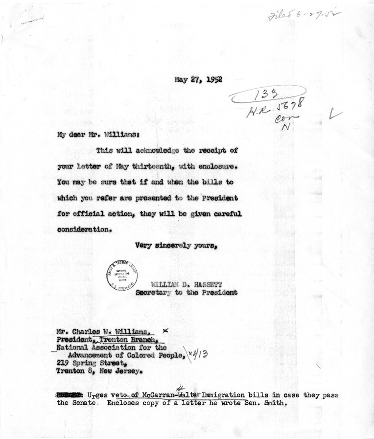 Letter from Charles W. Williams to President Harry S. Truman with Attachment, with a Reply from William Hassett