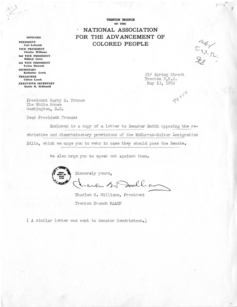 Letter from Charles W. Williams to President Harry S. Truman with Attachment, with a Reply from William Hassett