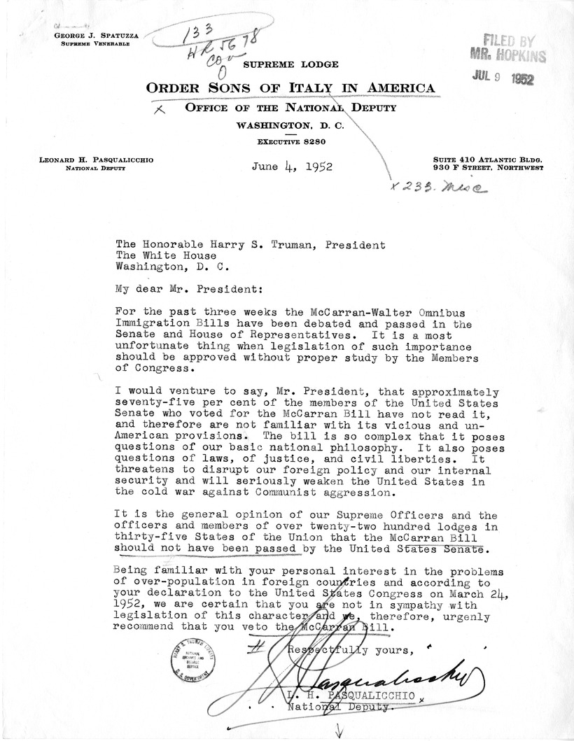 Letter from Leonard H. Pasqualicchio to President Harry S. Truman with Attachments