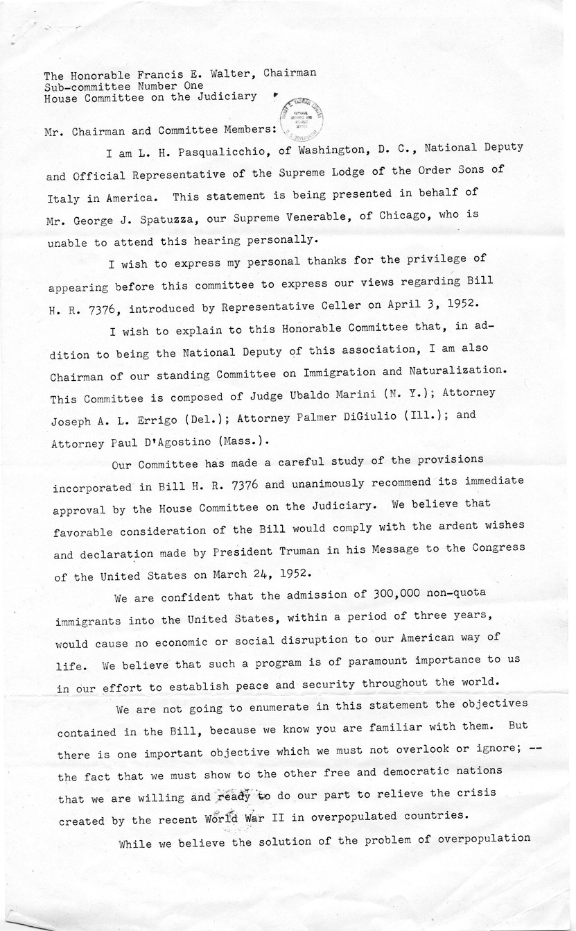 Letter from Leonard H. Pasqualicchio to President Harry S. Truman with Attachments