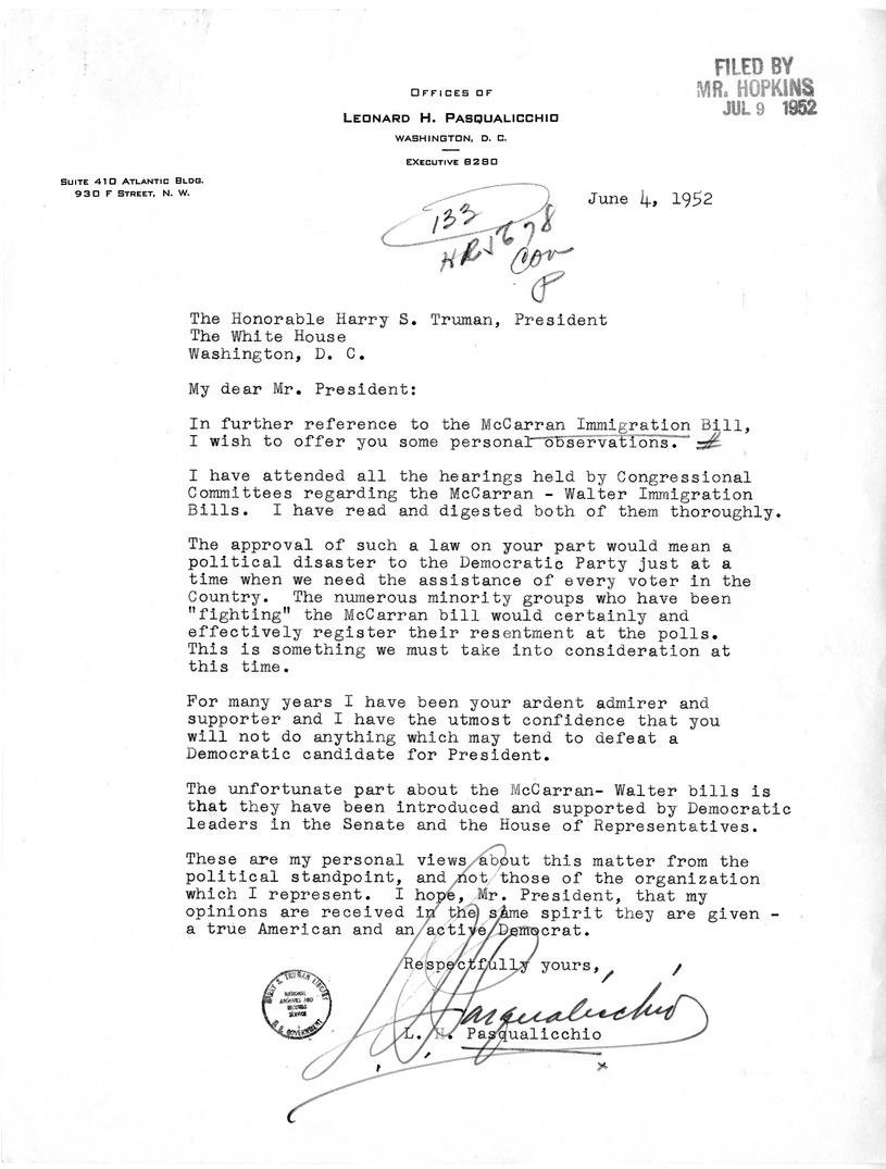 Letter from Leonard H. Pasqualicchio to President Harry S. Truman