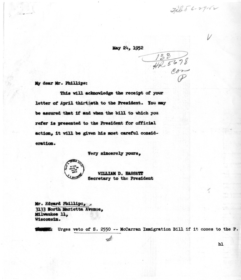 Letter from Edward Phillips to President Harry S. Truman with a Reply from William Hassett