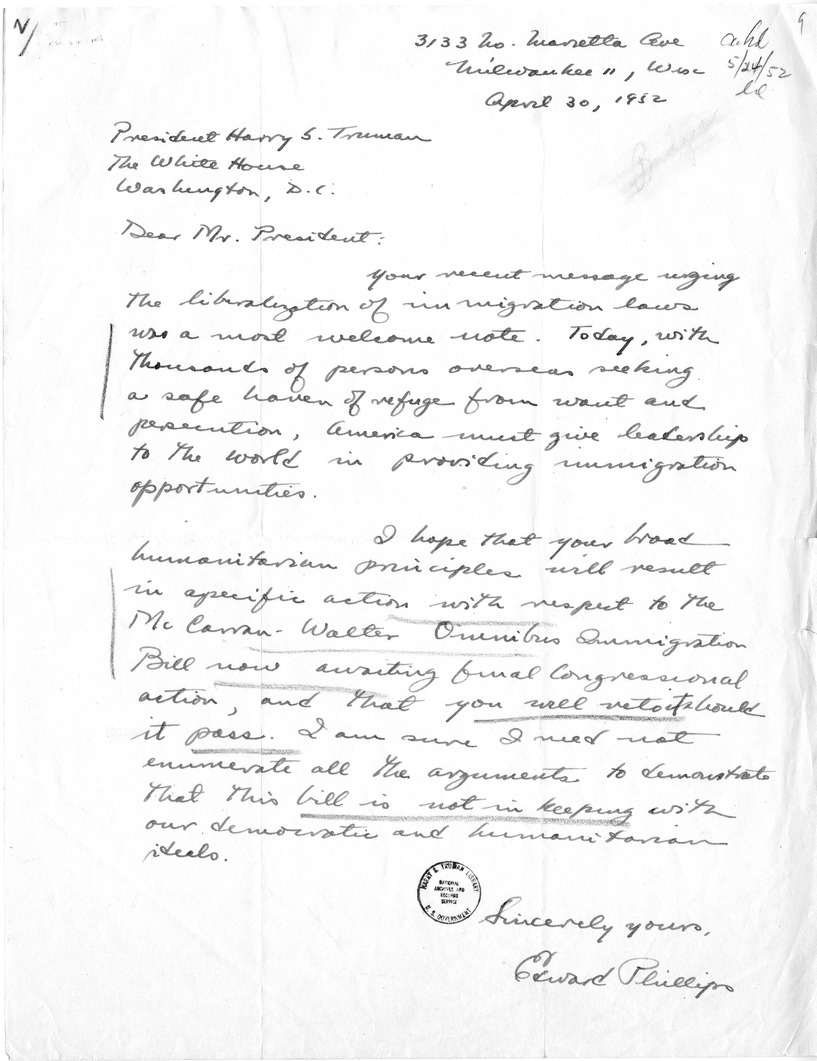 Letter from Edward Phillips to President Harry S. Truman with a Reply from William Hassett