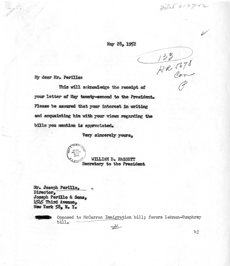 Letter from Joseph Perillo to President Harry S. Truman with a Reply from William Hassett