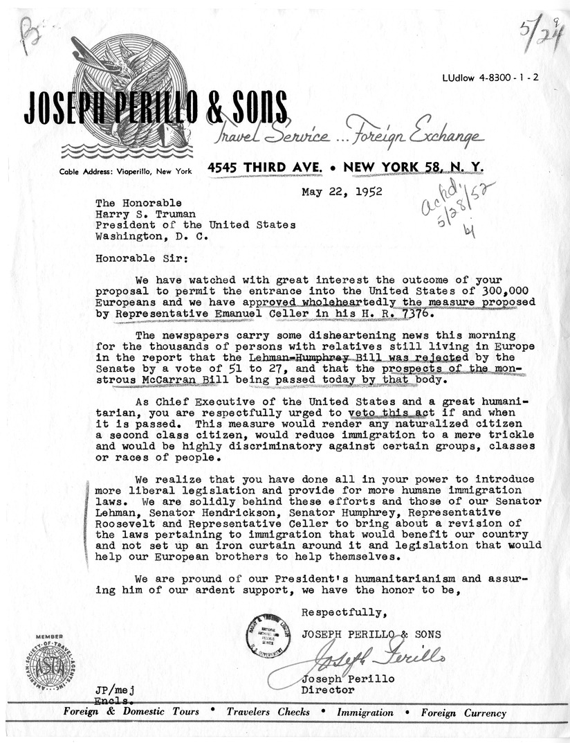 Letter from Joseph Perillo to President Harry S. Truman with a Reply from William Hassett