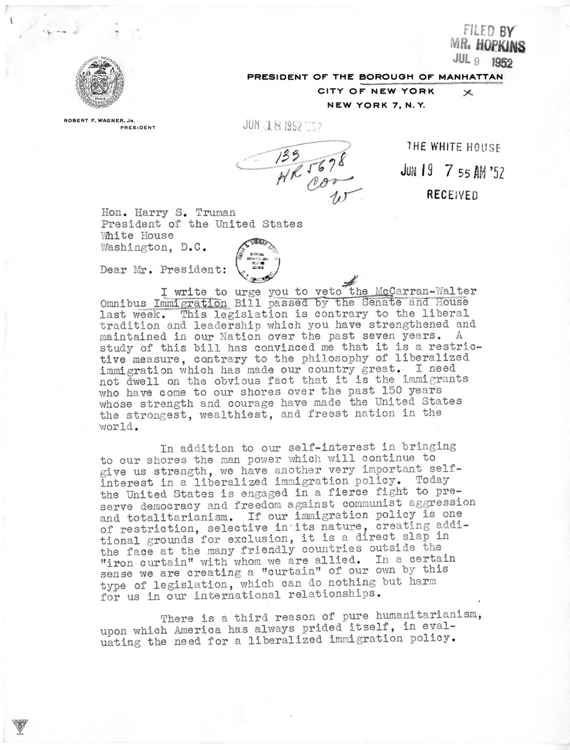 Letter from Robert F. Wagner Jr. to President Harry S. Truman