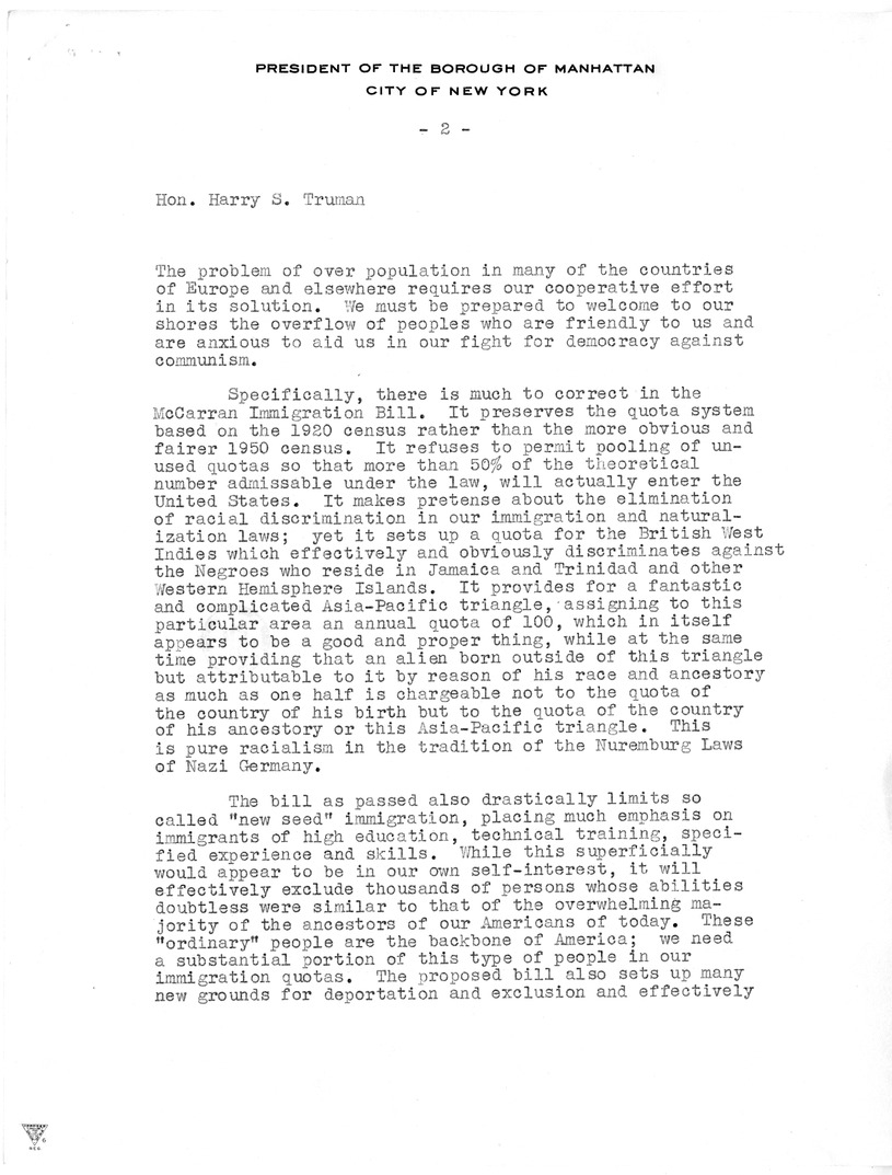 Letter from Robert F. Wagner Jr. to President Harry S. Truman