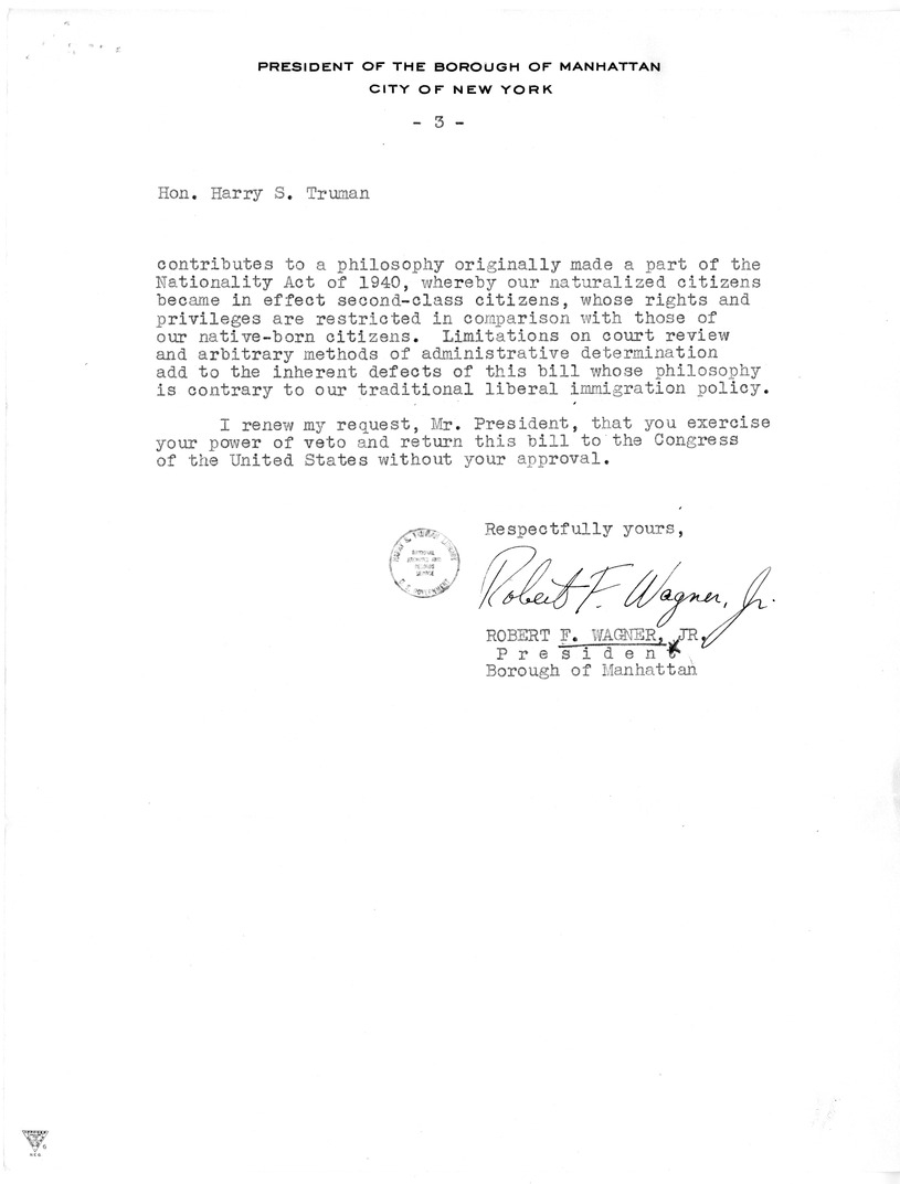 Letter from Robert F. Wagner Jr. to President Harry S. Truman