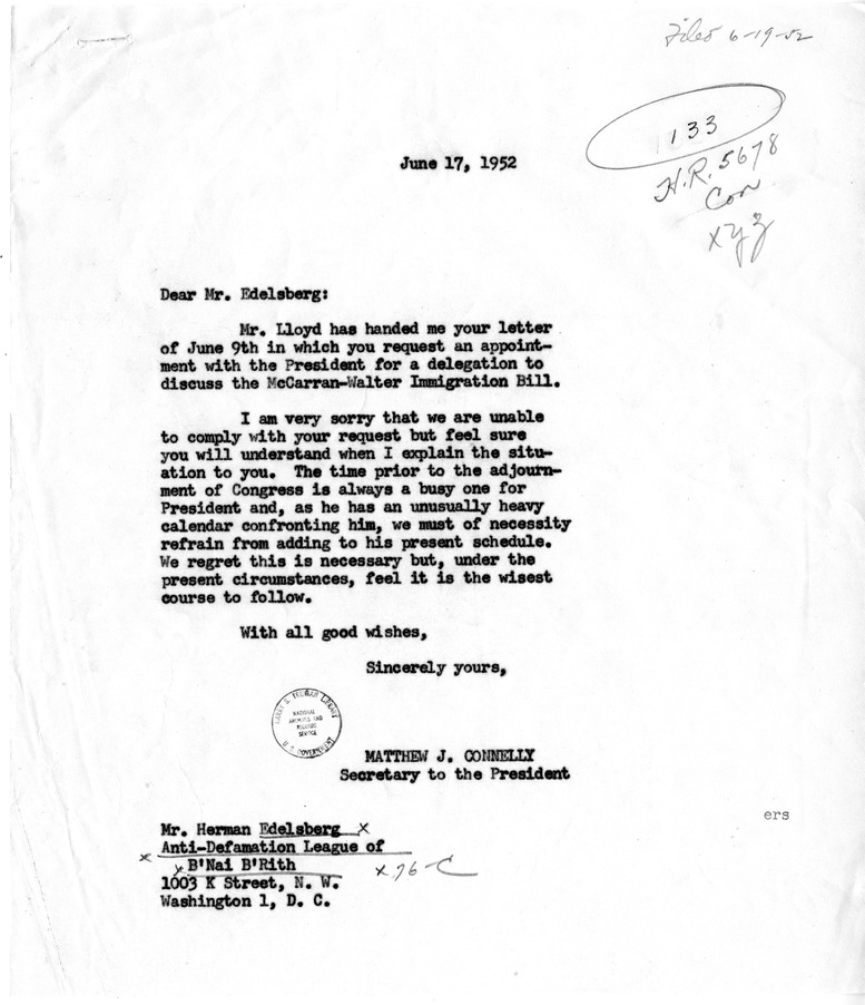 Letter from Herman Edelsberg to President Harry S. Truman with attachment, with a Reply from Matthew J. Connelly