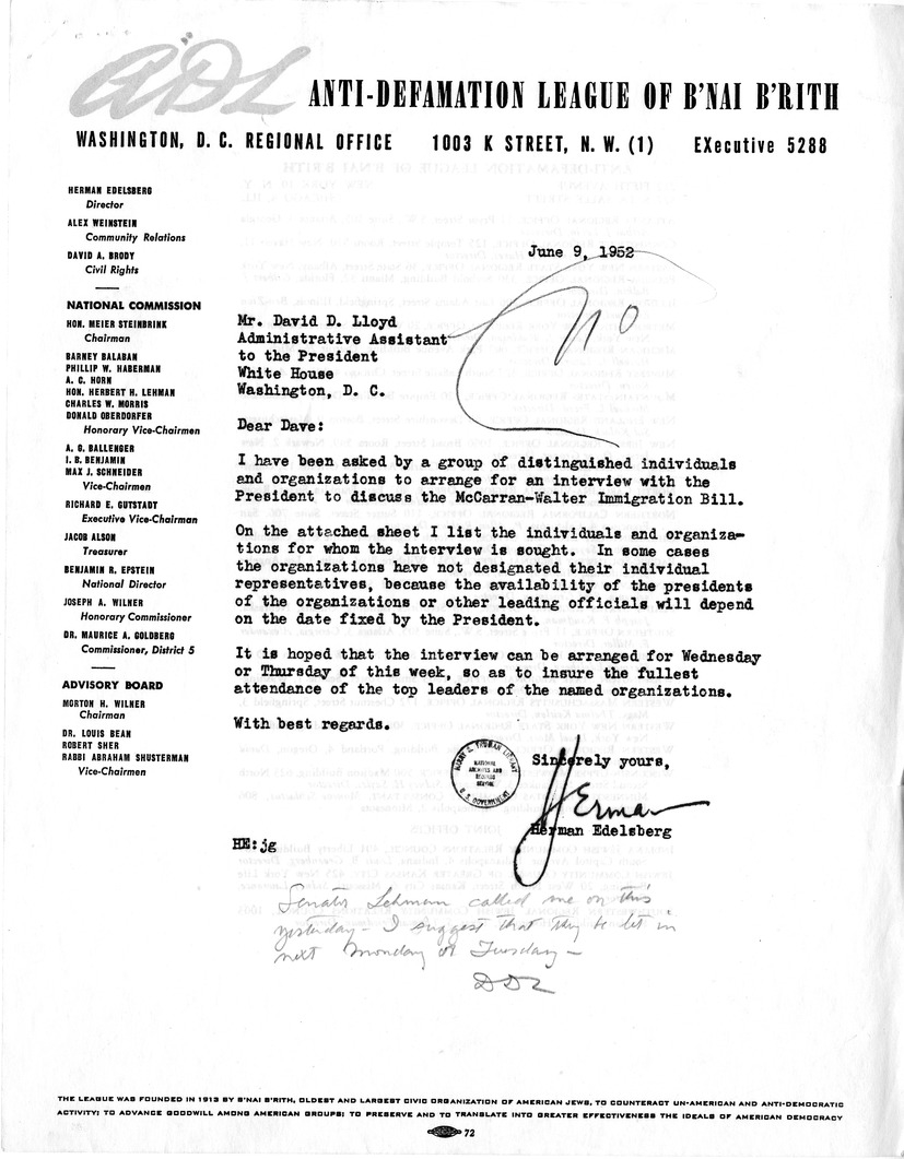 Letter from Herman Edelsberg to President Harry S. Truman with attachment, with a Reply from Matthew J. Connelly