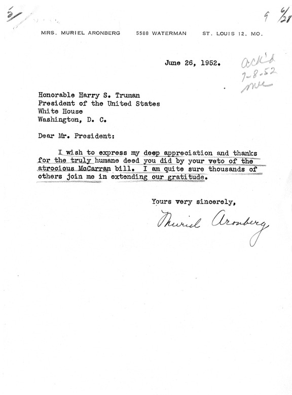 Letter from Muriel Aronberg to President Harry S. Truman with a Reply from William Hassett