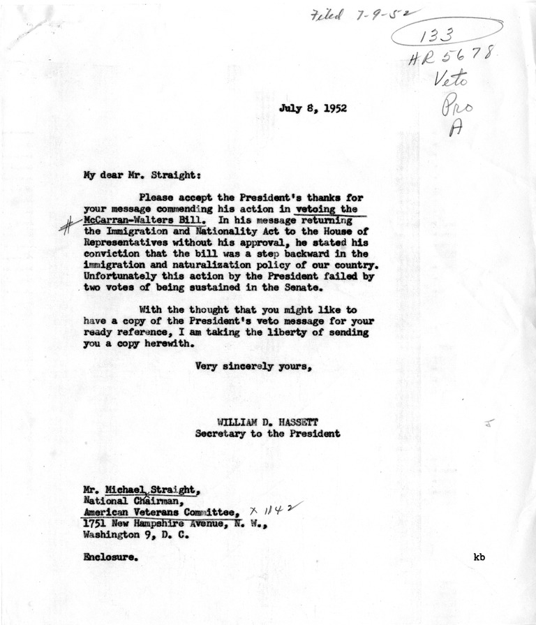 Telegram from Michael Straight to President Harry S. Truman with a Reply from William Hassett