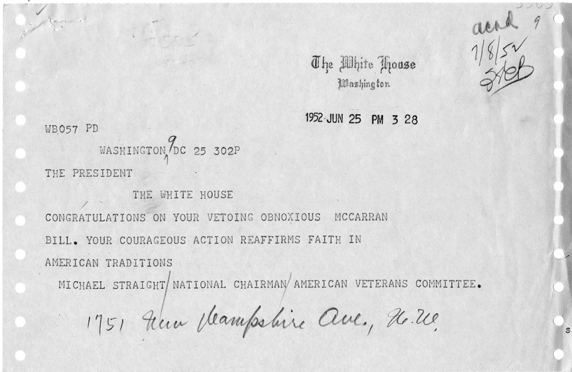 Telegram from Michael Straight to President Harry S. Truman with a Reply from William Hassett