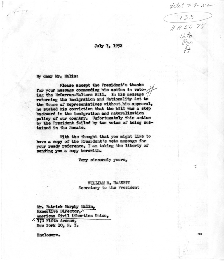 Telegram from Patrick Murphy Malin to President Harry S. Truman with a Reply from William Hassett