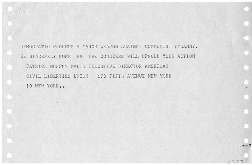 Telegram from Patrick Murphy Malin to President Harry S. Truman with a Reply from William Hassett
