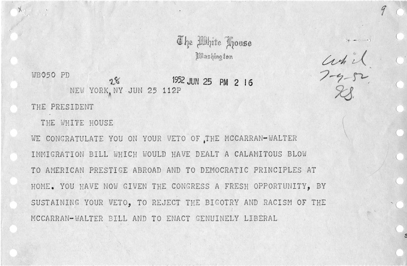 Telegram from Israel Goldstein to President Harry S. Truman, with a Reply from William Hassett