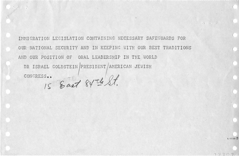 Telegram from Israel Goldstein to President Harry S. Truman, with a Reply from William Hassett