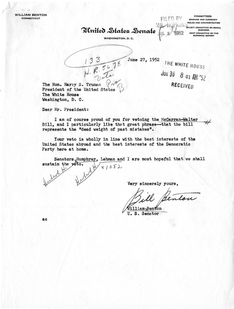 Letter from Senator William Benton to President Harry S. Truman