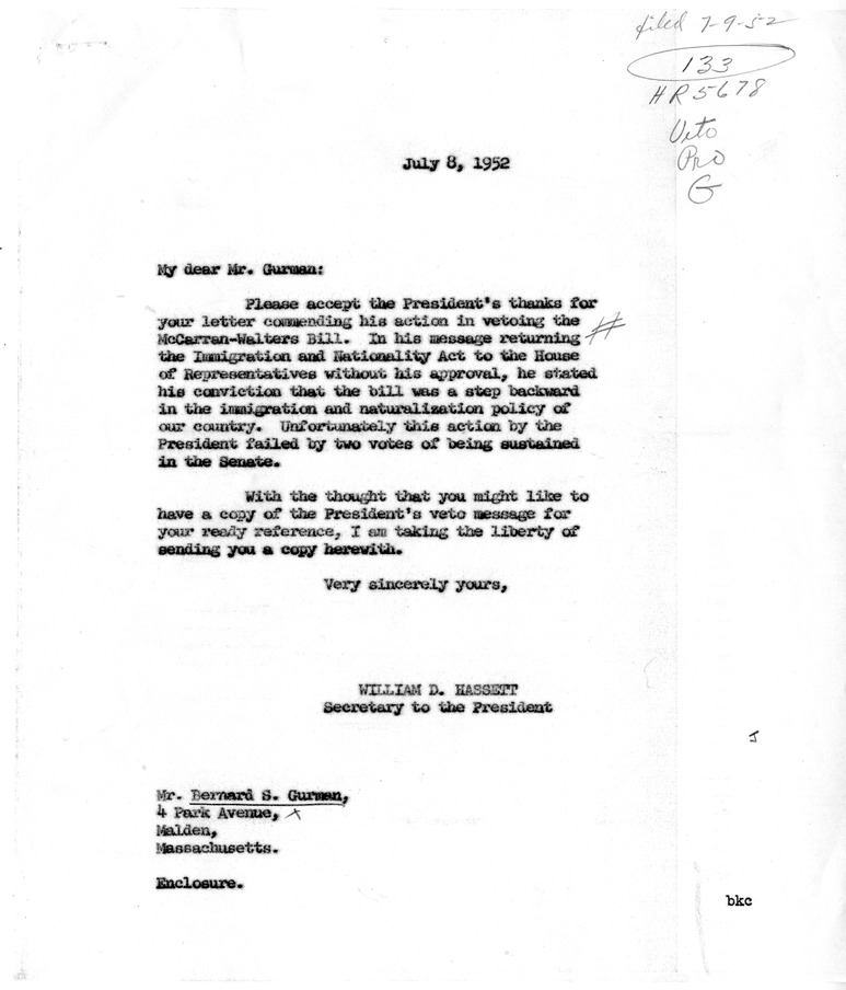 Letter from Bernard S. Gurman to President Harry S. Truman with a Reply from William Hassett