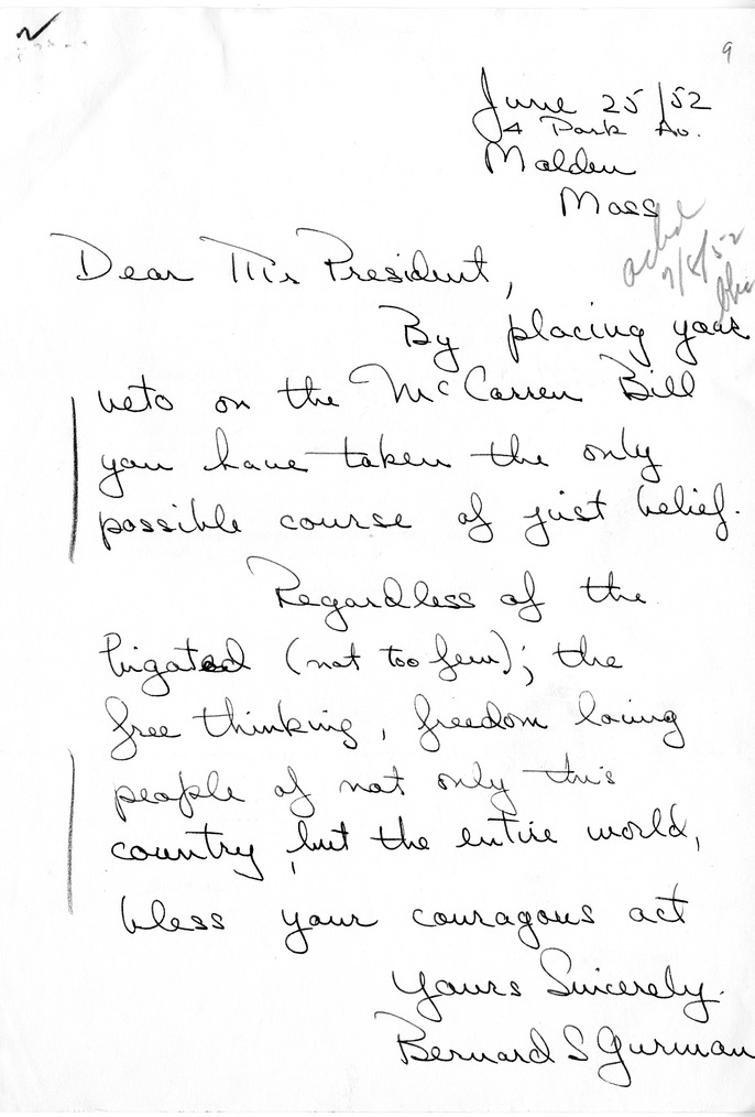Letter from Bernard S. Gurman to President Harry S. Truman with a Reply from William Hassett