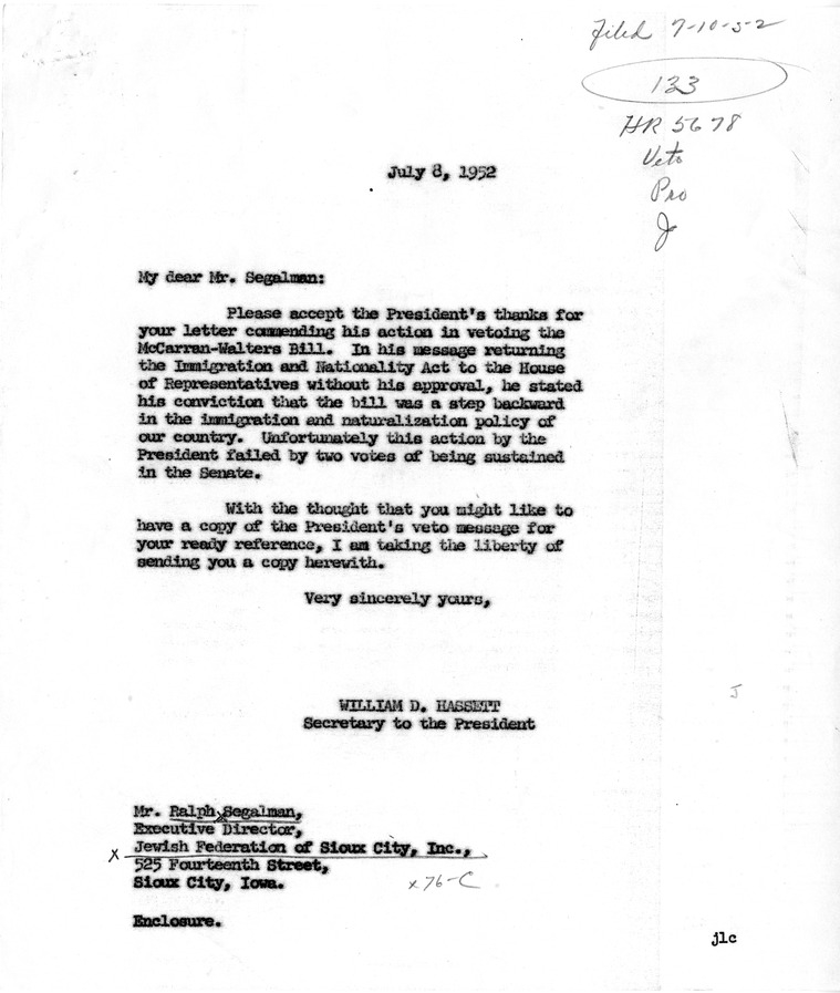 Letter from Ralph Segalman to President Harry S. Truman with a Reply from William Hassett