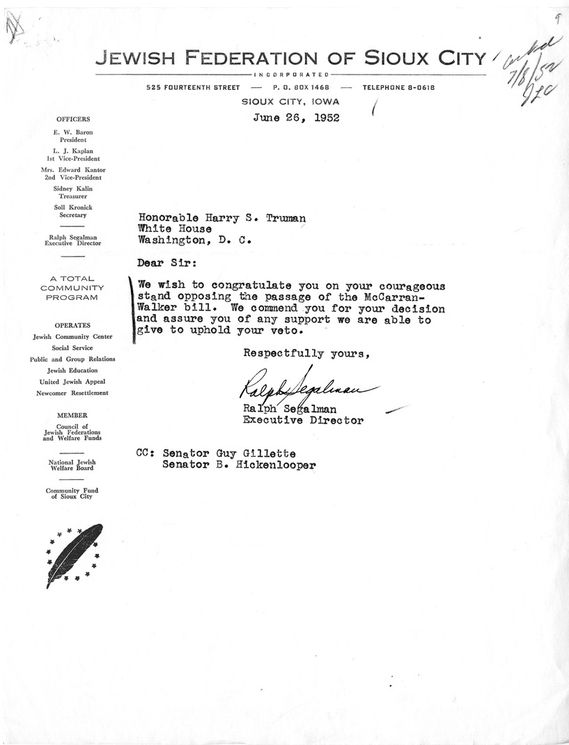 Letter from Ralph Segalman to President Harry S. Truman with a Reply from William Hassett