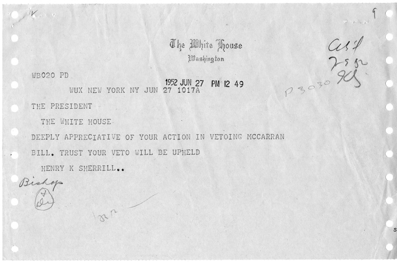 Telegram from Henry K. Sherrill to President Harry S. Truman with a Reply from William Hassett