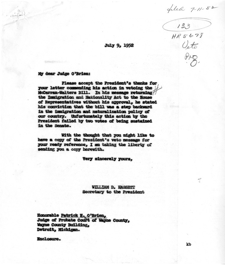 Letter from Patrick H. Oâ€™Brien to President Harry S. Truman with a Reply from William Hassett