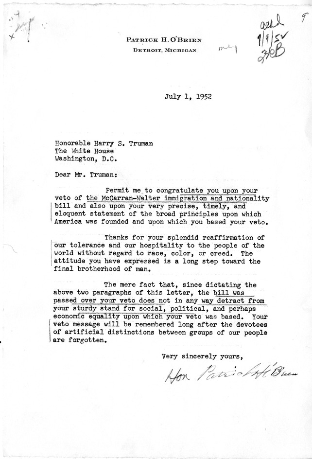 Letter from Patrick H. Oâ€™Brien to President Harry S. Truman with a Reply from William Hassett
