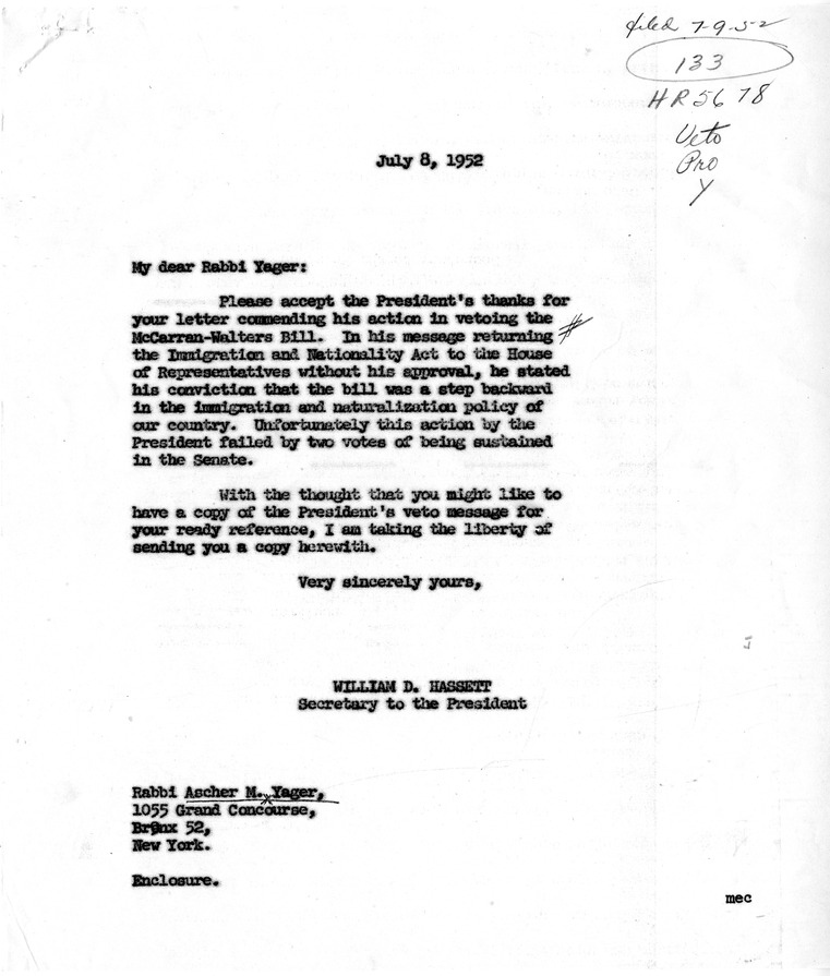 Letter from Ascher M. Yager to President Harry S. Truman with a Reply from William Hassett