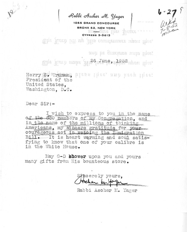 Letter from Ascher M. Yager to President Harry S. Truman with a Reply from William Hassett